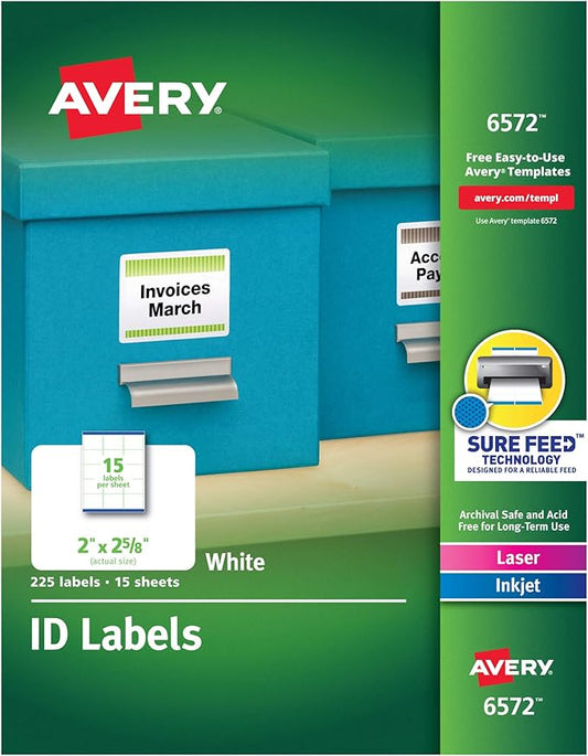 Avery ID Labels, Sure Feed Technology, Permanent Adhesive, 2" x 2-5/8", 5 Packs (6572)