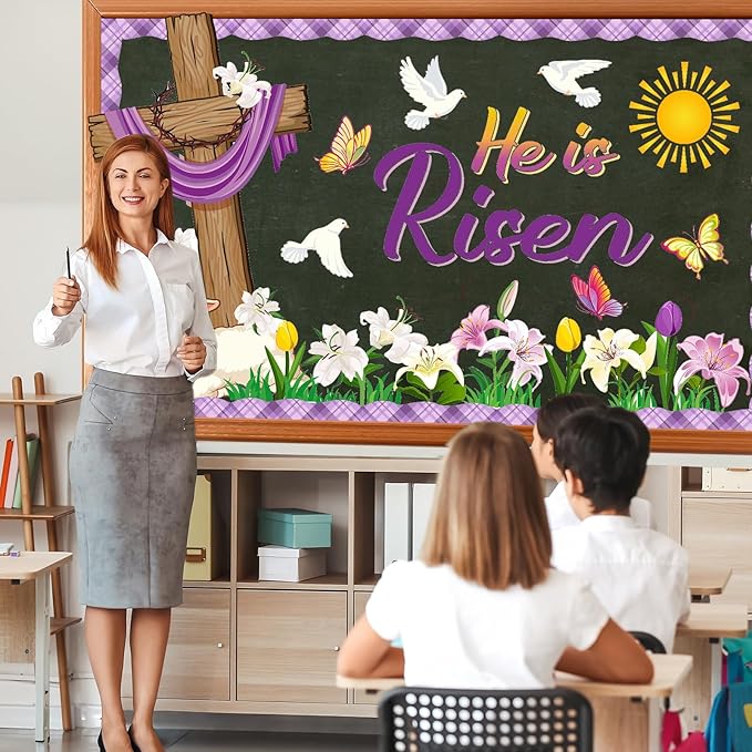 Pajean Easter Bulletin Boards Easter Classroom Decor Christian Religious Bulletin Board He is Risen Cross Bunny Egg Cutouts for Spring School Home Church Wall Door(Cross)
