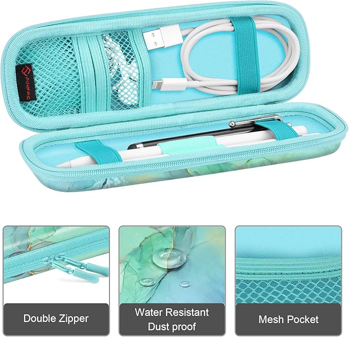 Fintie Holder Case for Apple Pencil Pro, Apple Pencil (USB-C / 1st / 2nd Generation), PU Leather Carrying Bag Sleeve Compatible with Pen, USB Cable, Samsung Stylus, Emerald Marble