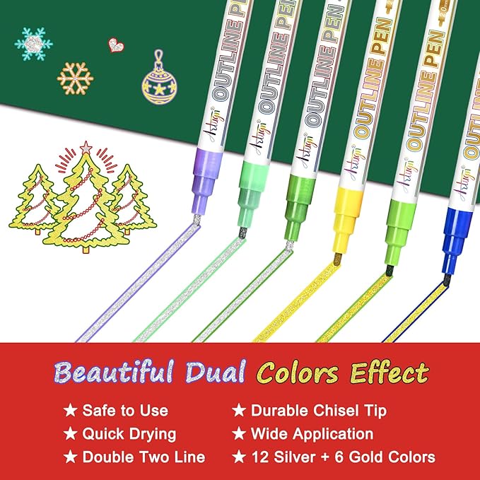 Glitter Markers Outline Pens, Tween Teen Girl Gifts Trendy Stuff, 18 Pack Gold and Silver Shimmer Metallic Marker Arts Supplies for Kids Ages 6 to 8, 9-12 Birthday St. Patrick's Day Gifts