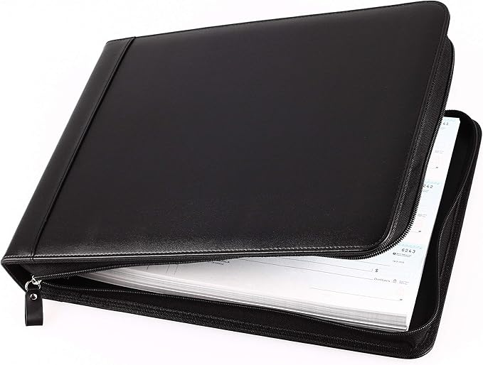 2Fold Zippered Business Checkbook Binder - 7 Ring Binder for Business Checks with Built-in Organizer and Card Case - PU Leather Portfolio for up to 600 3-Up Checks (Black)