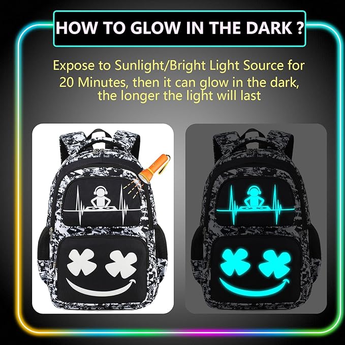 Boys Backpack with Lunch Box Glow in Dark Kids Ages 4-12 Kindergarten Elementary Middle School Teens Bookbag Mochilas Para Niños, Luminous Face Black White