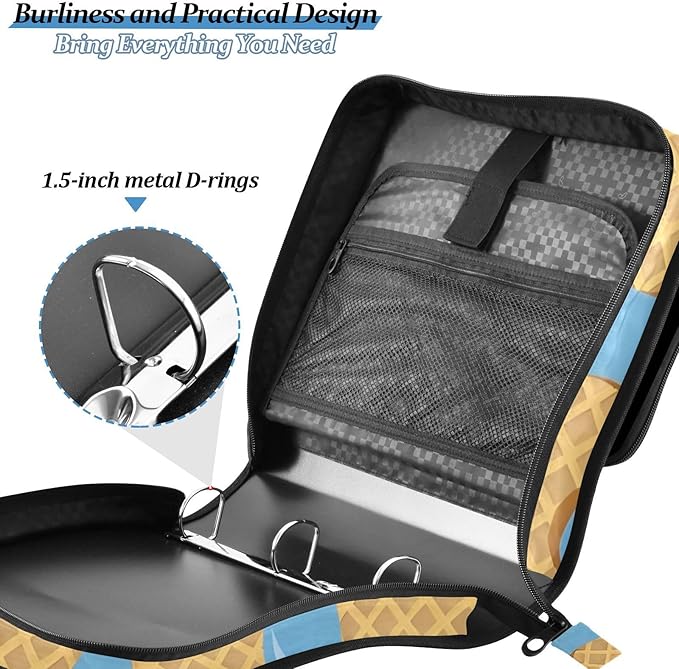 Blue Ice Cream Drip 3 Ring Zipper Binder with Shoulder Strap 1.5 inch Binders Keeper Large Capacity Multi Pockets for School Office Supplies