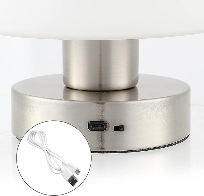 JONATHAN Y 5.75" Nickel/White Rechargeable Portable LED Table Lamp, Cordless Mushroom Accent Light for Bar, Nightstand, with Frosted White Glass Shade (JYL7113B)