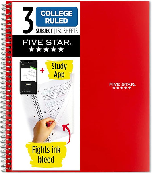Five Star Spiral Notebook + Study App, 3 Subject, College Ruled Paper, 8-1/2" x 11", 150 Sheets, Fights Ink Bleed, Water Resistant Cover, Fire Red (72065)