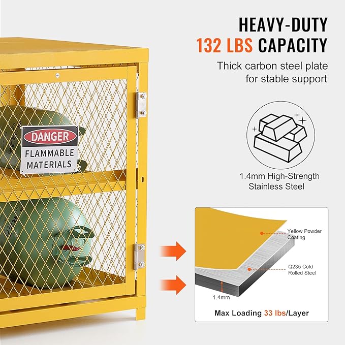 VEVOR Horizontal Cylinder Storage Cabinet, 4 x 33 lbs Cylinder Capacity, 31.02x30.04x35 inch Propane Storage Cage, Gas Cylinder Cabinet, Yellow Powder Coat Finish, for Freon, Gases, Oxygen, Nitrogen
