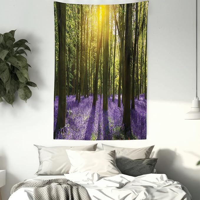 Ambesonne Woodland Tapestry Twin Size, Sunbeams in the Forest of Bluebells Blooms Deep in Woodland Oxfordshire, Wall Hanging Bedspread Bed Cover Wall Decor, 68" X 88", Violet Green Yellow