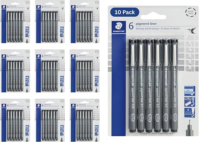 STAEDTLER Pigment Liner 10-Pack (10 sets of 6 pcs), Black, 6 Pens, Assorted Line Widths, 0.05mm, 0.1mm, 0.2mm, 0.3mm, 0.5mm, 0.8mm, 60 Count
