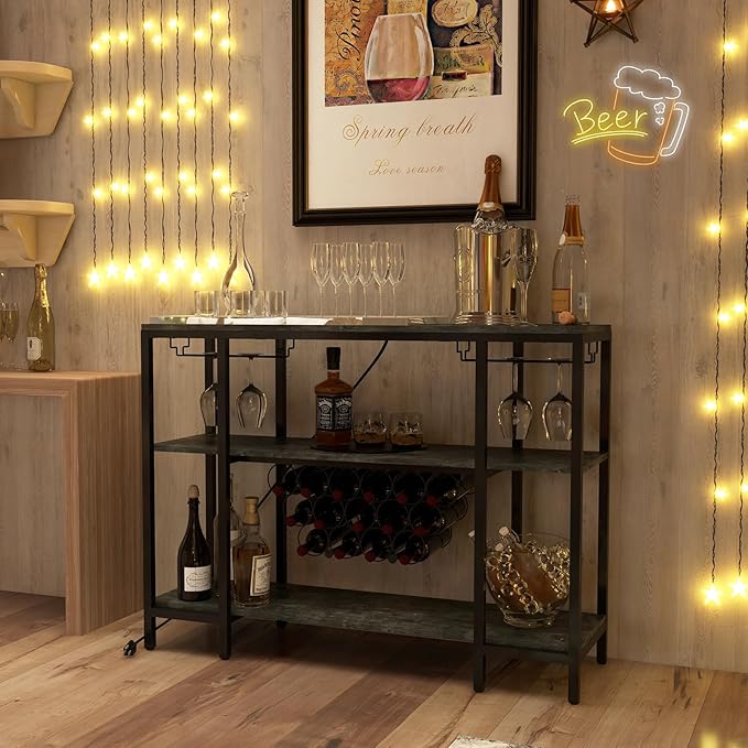 COSTWAY Wine Bar Cabinet, 3-Tier Home Mini Bar for Liquor w/Power Outlets, Glass Holder, Wine Rack, Anti-Tipping Kit, Metal Coffee Bar Table for Home Apartment Kitchen Living Room Pub (Black & Grey)