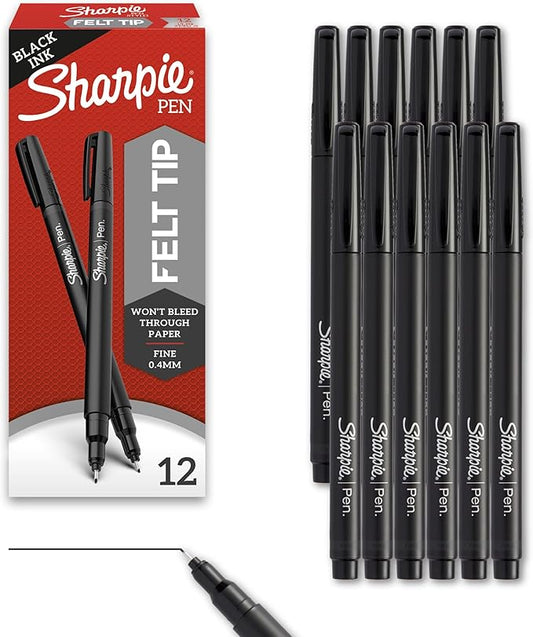 Sharpie Felt Tip Pens, Fine Point (0.4mm), Felt Tip Markers, Black, 12 Count - Journaling, Art, Drawing, Teacher, Back to School