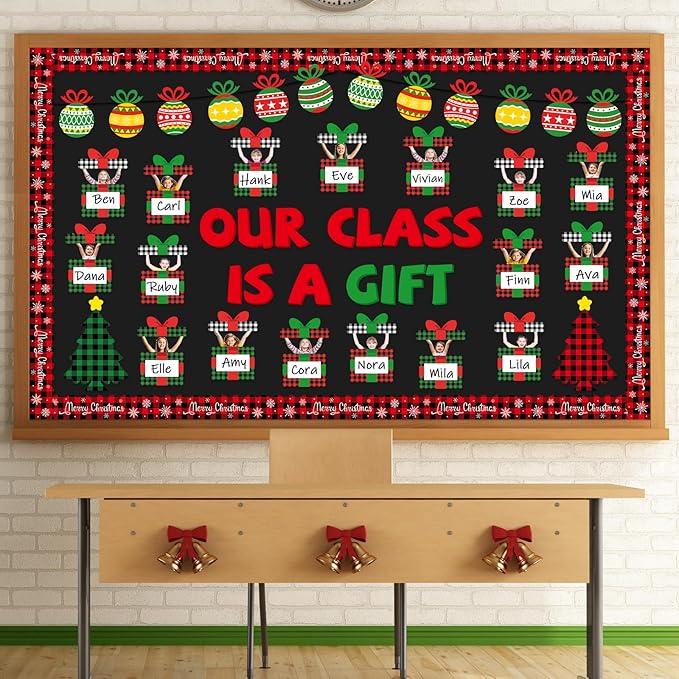 Christmas Bulletin Board Decoration Set Xmas Gift Boxes Cutouts Classroom Decoration Xmas DIY Photo Craft Cutouts Christmas Tree Bulletin Boards for Holiday School Class Chalkboard Wall Decor Supplies