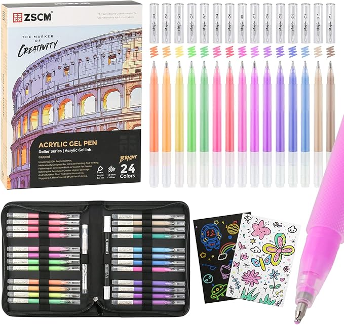 24 Colors 3D Acrylic Gel Pens & Black Paper Sketchbook for Drawing, 1mm Fine Point Acrylic Ink Pen, Opaque Archival Bright Ink Pens for Black Paper Drawing, Sketching, Illustration, Card Making