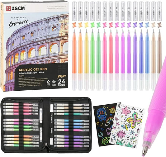 24 Colors 3D Acrylic Gel Pens & Black Paper Sketchbook for Drawing, 1mm Fine Point Acrylic Ink Pen, Opaque Archival Bright Ink Pens for Black Paper Drawing, Sketching, Illustration, Card Making