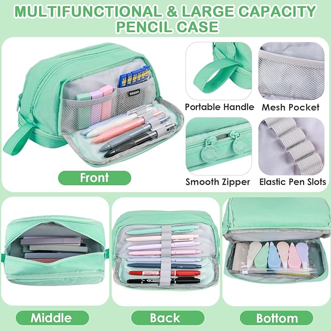 54 PCS Aesthetic School Supplies, Stationery Essentials Set with Large Pen Case, Mechanical Pencils & Gel Pens with Refills, Markers, Erasers, Highlighters, Sticky Notes, Correction Tapes (Green)