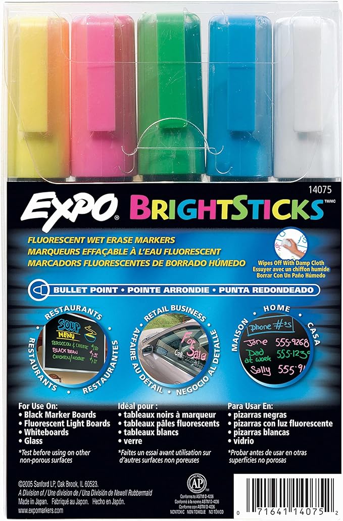 EXPO Bright Sticks, Wet Erase Fluorescent Markers, Bullet Tip, Assorted Colors, 5 Count - Whiteboard, Calendar, Organization, Teacher Supplies