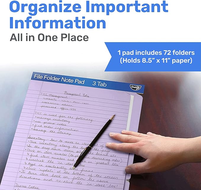 Find It File Folder Notepad - Pack of 36-9.5 x 12.5 Inch Notebook Organizer Folders for Filing, Document, and Clipboard Organization - Lavender
