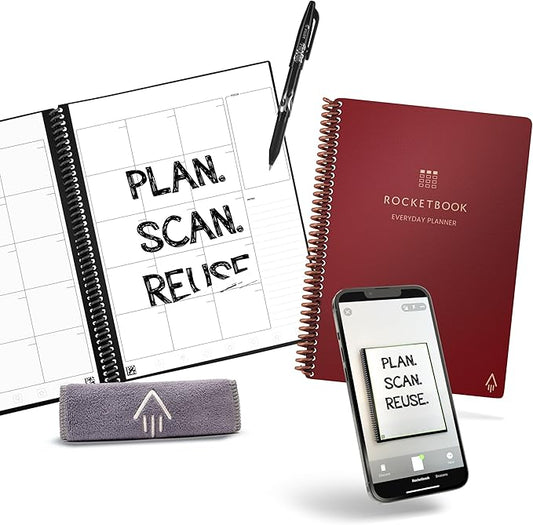 Rocketbook Smart Reusable Everyday Planner, Undated Weekly, Monthly, Annually, For Scheduling, Executive Size, 6x8.8, Maroon