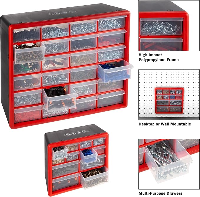 Set of Two Storage Bins with Drawers – Pair of 12 and 24 Drawer Desktop or Wall Mount Plastic Tool Organizers for Hardware or Crafts by Stalwart (Red)