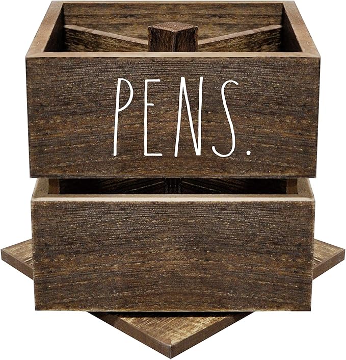 Rae Dunn Pencil Cup - Wooden Pen Holder Desktop Organizer - Small Rustic Wood Desk Top Caddy for Office Accessories and Supplies - Organization for Home, School, Classroom, Work - Square Dark Brown
