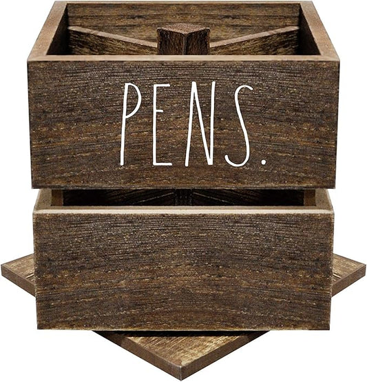 Rae Dunn Pencil Cup - Wooden Pen Holder Desktop Organizer - Small Rustic Wood Desk Top Caddy for Office Accessories and Supplies - Organization for Home, School, Classroom, Work - Square Dark Brown