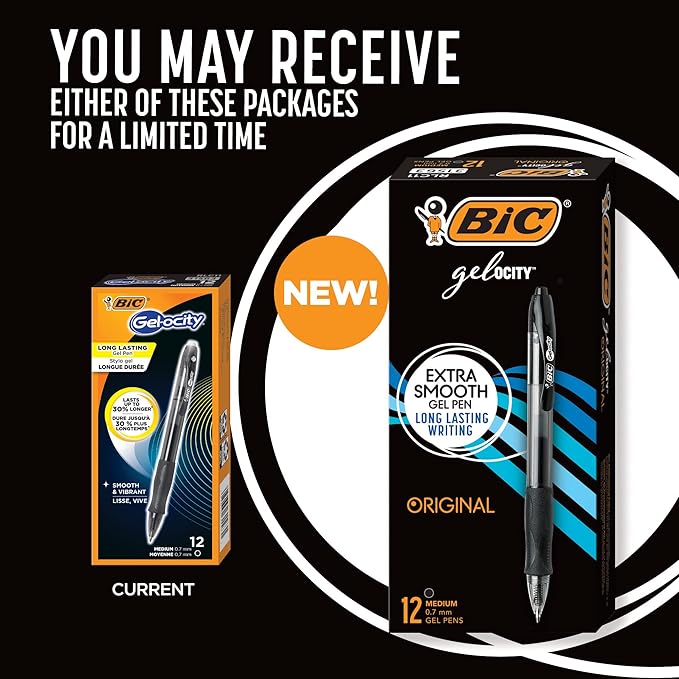 BIC Gelocity Original Black Gel Pens, Medium Point (0.7mm), 12-Count Pack, Retractable Gel Pens With Comfortable Grip