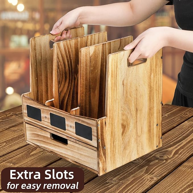 Wooden Desk File Organizer, Desktop Document Folder Holder with 3 Compartments and 1 Drawer, Desk Organizer Binder Rack with Chalkboard Label, Magazine Storage Box Mail Sorter for Office Home