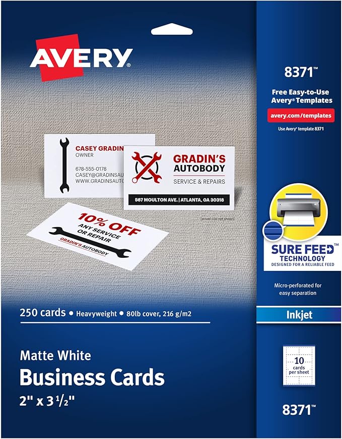 Avery Printable Business Cards with Sure Feed Technology, 2" x 3.5", White, 250 Blank Business Cards, Inkjet Printer Paper (08371)