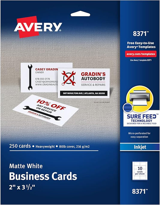 Avery Printable Business Cards with Sure Feed Technology, 2" x 3.5", White, 250 Blank Business Cards, Inkjet Printer Paper (08371)