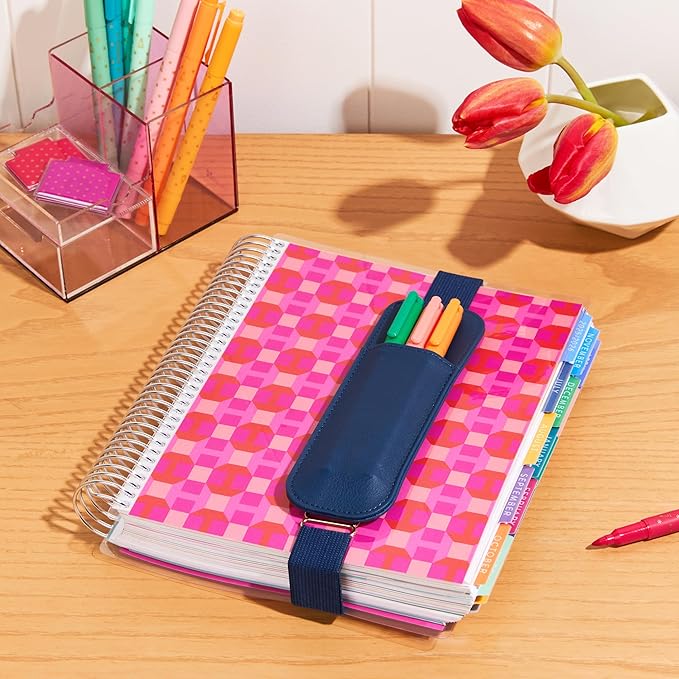 Erin Condren Midnight Adjustable Elastic Band Pen Holder, Vegan Leather Pen Holder with Adjustable Elastic Strap to Attach to and Secure Planners and Books, Holds Up to 3 Pens, Markers