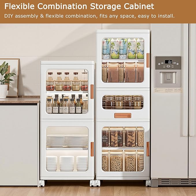 VECELO 3-Tier Narrow Bathroom Storage Cabinet with Drawer, Movable Wheels, Adjustable Shelves, Anti-Tip, Slim, for Small Space, Kitchen, Laundry, White