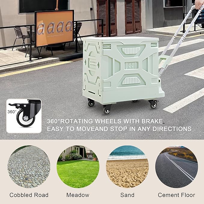VECELO Foldable Utility Cart with Wheels - Heavy Duty Collapsible Rolling Cart for Shopping, Travel, Office & Home - Portable Luggage Cart with Telescoping Handle, Green