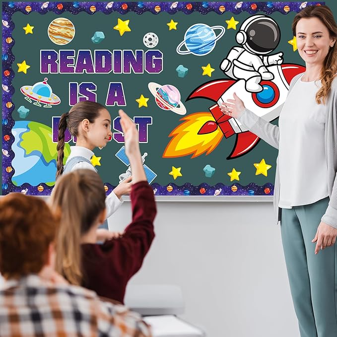 Outer Space Astronaut Bulletin Board Decorations Space Theme Classroom Bulletin Board Set Galaxy Borders Reading is A Blast Adventure Star Cutouts Back to School Preschool Chalkboard Wall Supplies
