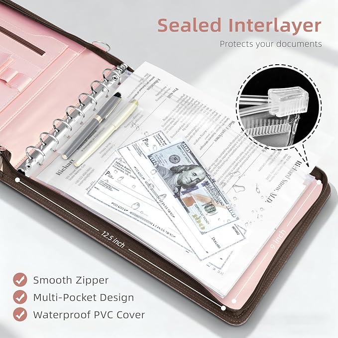 Ospelelf Rose Gold Zippered 7 Ring Check Binder for Business Checks (9" x 13"), 1 Inch Faux Leather Checkbook Portfolio with Zipper Pouch, Professional Binder Organizer for Accountants, Home Use