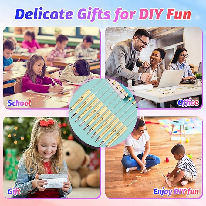 300 Pieces DIY Beadable Pen Kit – 100 Plastic Ballpoint Pens with Refills & Bags – School Supplies, Office Accessories & Decorative Items for Students & Teachers (Gold)