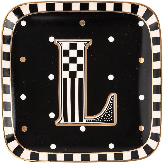 MACKENZIE-CHILDS Monogram Dish, Decorative Ceramic Letter Plate, 5 3/4" Square, L