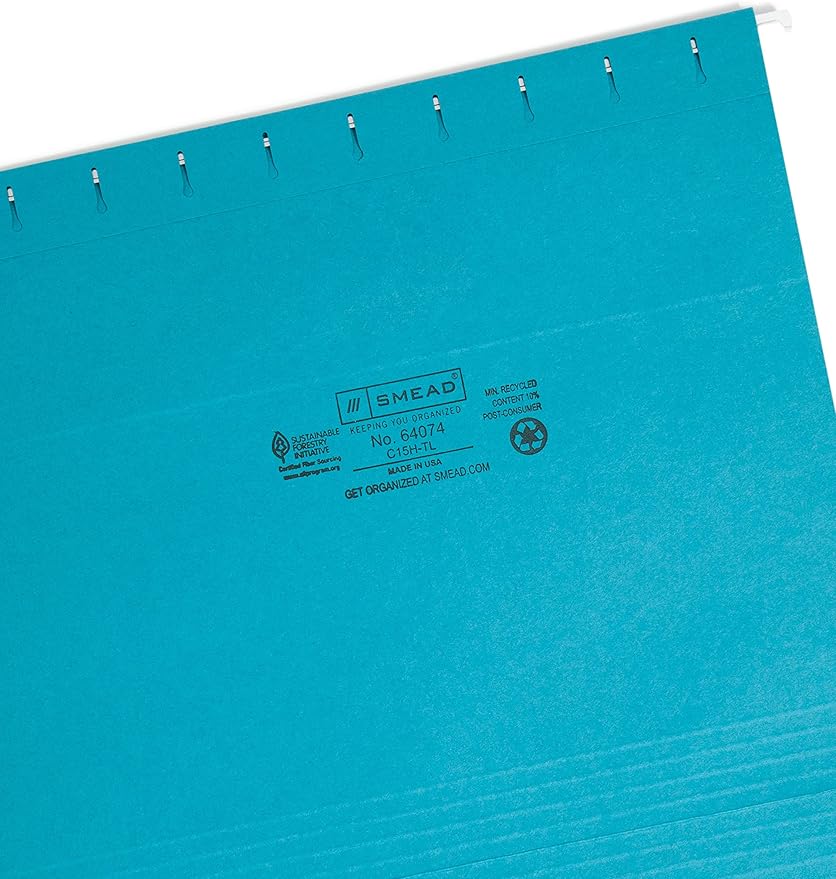 Smead Colored Hanging File Folder with Tab, 1/5-Cut Adjustable Tab, Letter Size, Teal, 25 per Box (64074) (Pack of 1)