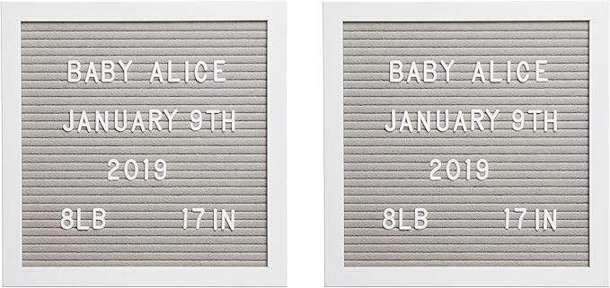Pearhead Classic Wooden Letterboard, Gender-Neutral Baby Keepsake Nursery Décor, Photo Prop Message Board, Gray and White (Pack of 2)