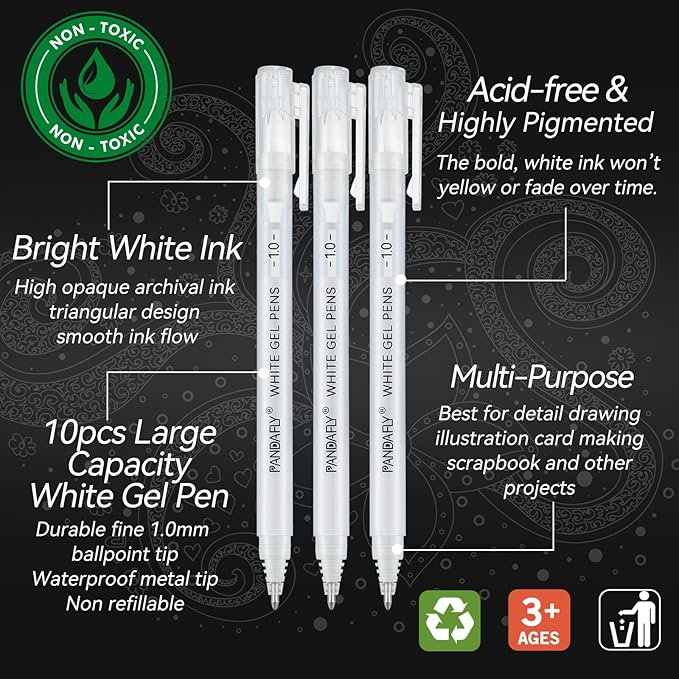 PANDAFLY White Gel Pens, 10 Pack, 1 mm Extra Fine Point Gel Ink Pen, Opaque Archival Ink Pens for Black Paper Drawing, Sketching, Card Making, White Pen for Art Highlight & Artists Drawing