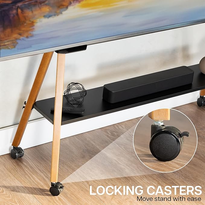 VIVO Rolling Artistic 50 to 90 inch LED LCD Screen Mobile Studio TV Easel Stand, Wood Accessory Shelf, Adjustable TV Mount with 4 Walnut Legs, Black Frame, STAND-TV90R
