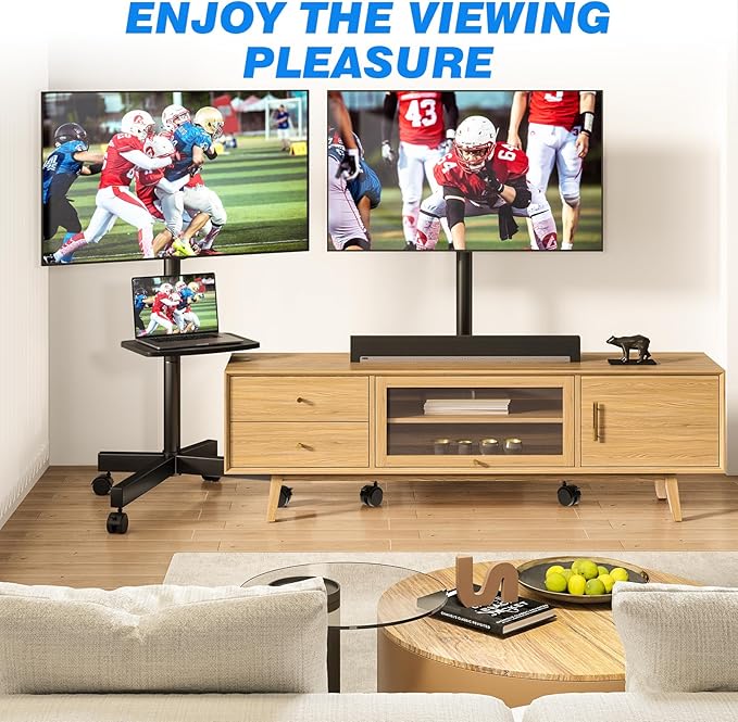 Rfiver Mobile TV Stand for 23-60 Inch LCD LED Flat/Curved Panel Screen TVs up to 88 lbs, Rolling TV Stand with Adjustable Shelf & Tilt, Portable Floor Stand on Wheels for Bedroom, Living Room, Office