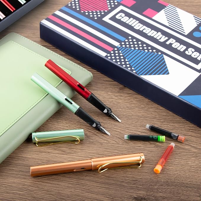 Calligraphy Pen set,Fountain Pens with 8 Different Replaceable Nibs with 60 Ink Cartridges(12 Colors),Calligraphy set for Beginner Writing Drawing.