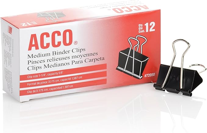 ACCO Binder Clips, Medium, Black, 12 per Box, 2 Boxes (72062)
