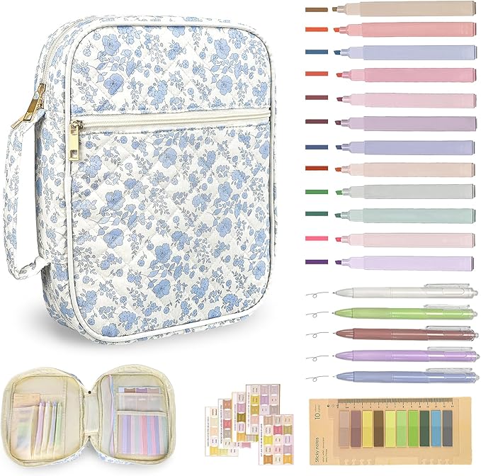 Bible Cover Case for Women,Bible Study Supplies Accessories,Bible Journaling Kit,Blue Flower Carrying Case with Highlighters