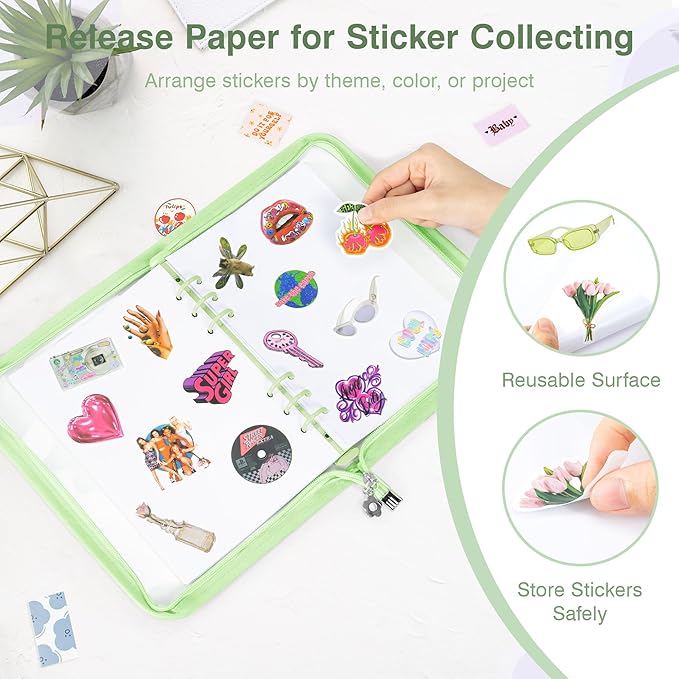 Ospelelf Sticker Organizer Binder Storage Display Book, Includes Clear Pockets, Release Paper, 6 Ring Stickers Holder Binders Essential for Scrapbook Planner Enthusiasts, Green