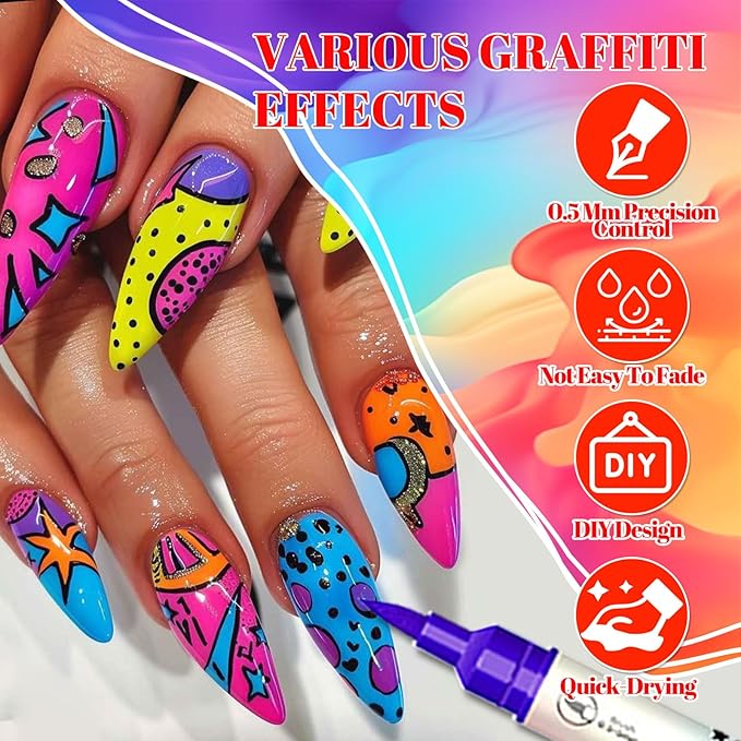 12 Colors Nail Art Pens Set, 3D Acrylic Paint Nail Pens for Nail Art Quick Dry, Waterproof, DIY Design Nail Paint Pens, Nail Art Pen for Drawing & Dotting, Nail Art Tools for Home Salon