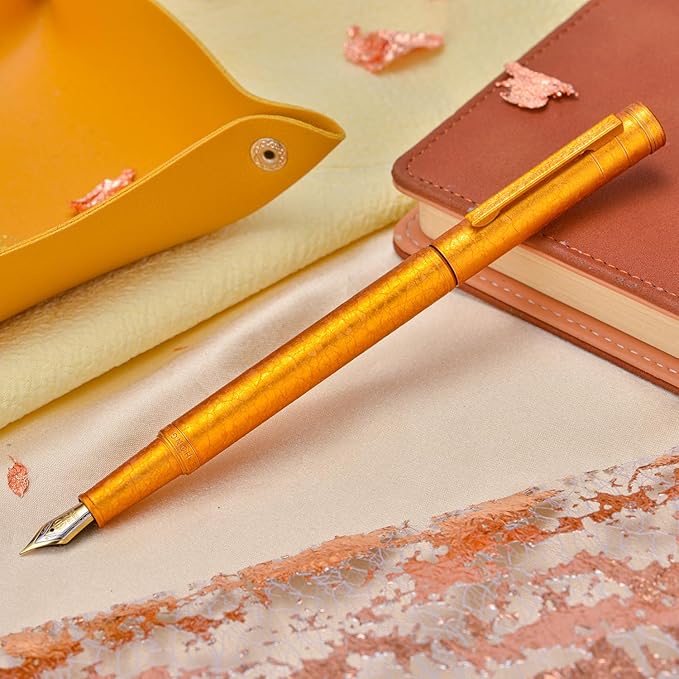 Hongdian 1851 Forest Fountain Pen Golden Ice Flowers, Medium Nib Classic Design with Converter and Metal Pen Case