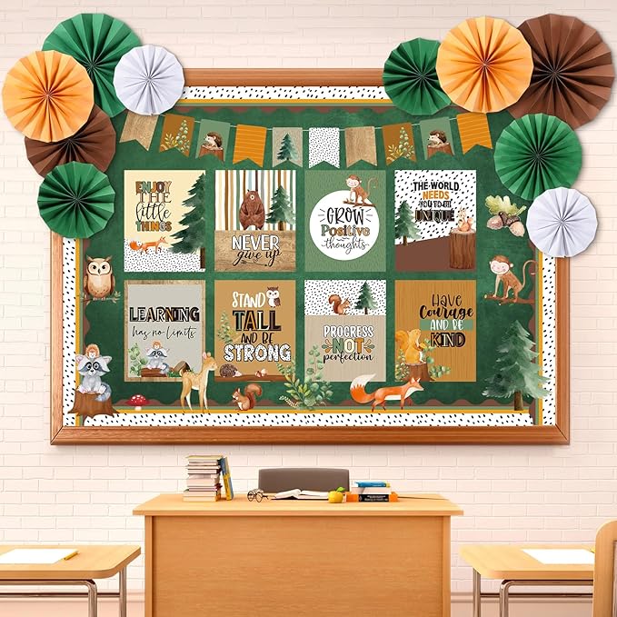 Pajean 62 Pcs Forest Animal Classroom Bulletin Board Decorations with 3D Paper Fans Inspirational Posters Cutouts Motivational Bulletin Board Positive Sayings for School Classroom Home Decorations