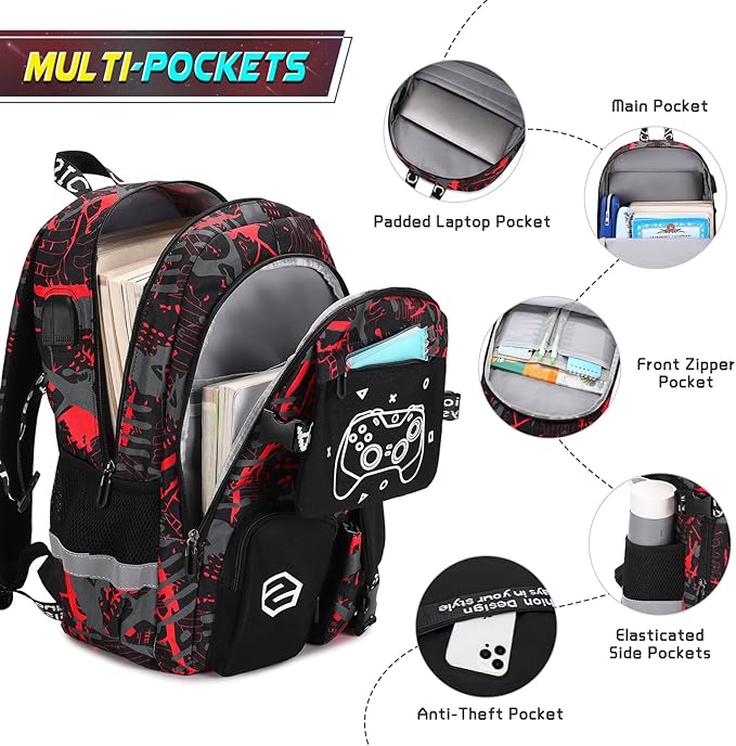 Boys Backpack, Cool Luminous Gamer School Backpacks for Boys with Kids Bento Lunch Box Lunch Bag Pencil Case, Kids Backpack Book Bags for Kindergarten Elementary Middle School