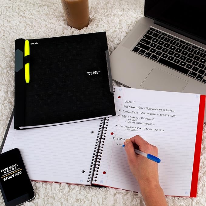 Five Star Advance Spiral Notebook + Study App, 1 Subject, College Ruled Paper, 8-1/2" x 11", 100 Sheets, Spiral Guard, Movable Tabbed Dividers, Black (820012A-ECM)
