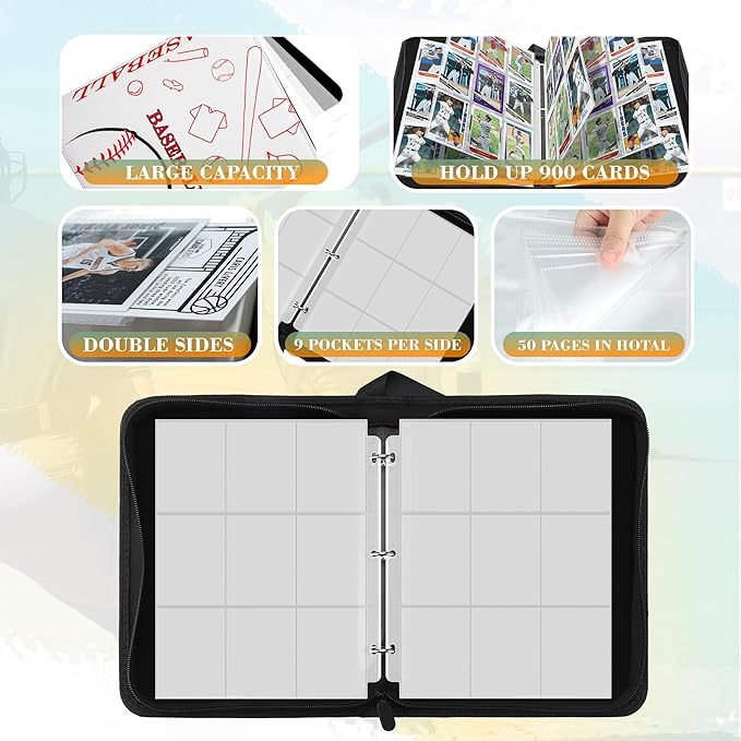9 Pockets Trading Card Binder with Sleeves Card Organizer, 900 Double Sided Pocket PU Card Collection Binder, Baseball Binder,for Sports Card, MTG, TCG Yugioh Card (Reddish-white)
